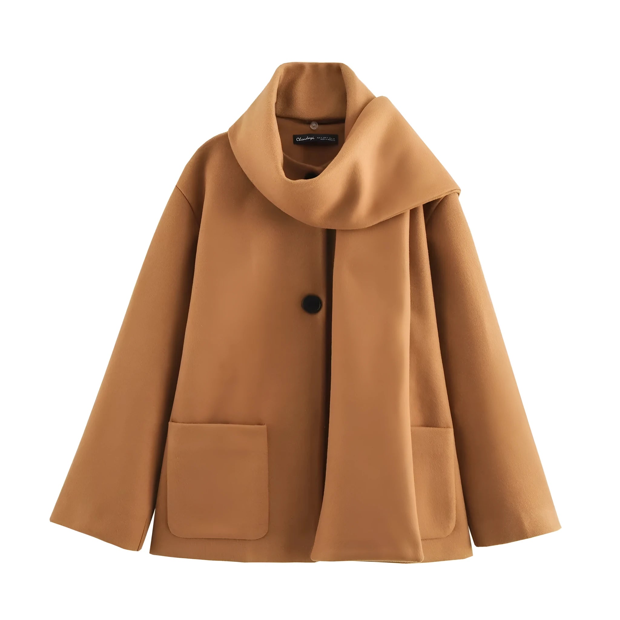 Women's long grey polyester coat with a thick artificial fur collar and pockets.