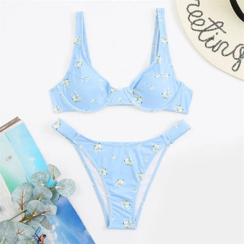 Floral yellow bikini swimsuit with high-waist briefs on white background, women's nylon quick-dry swimwear