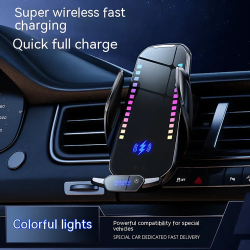 Silver car mobile phone holder with wireless charging dock mounted on a car air vent.