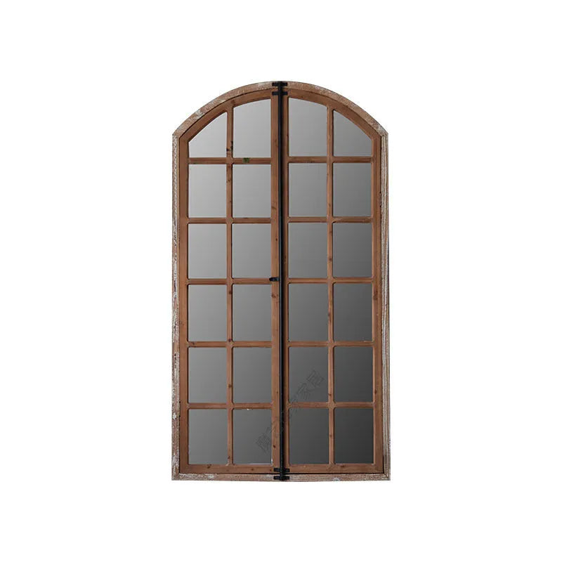 Terrace style distressed fake window wall mirror with wooden frame and glass panel in log colour