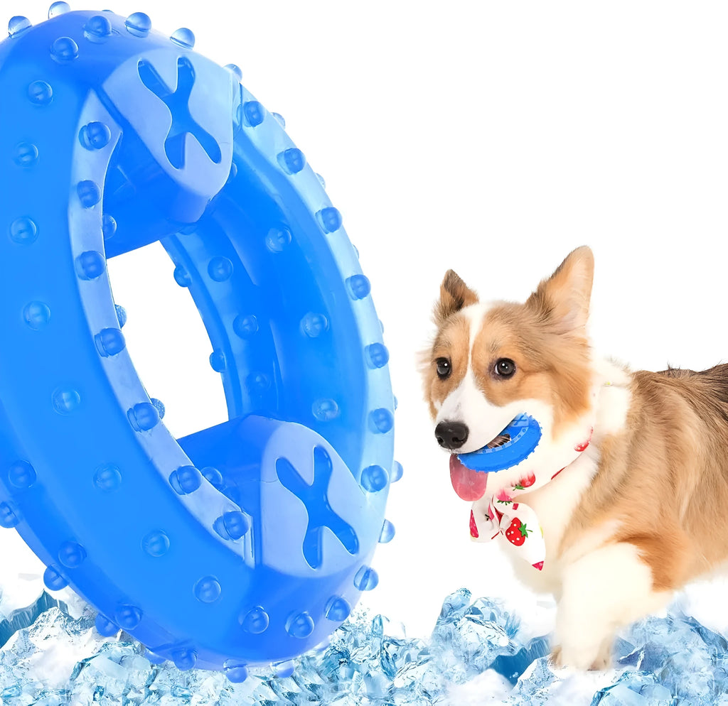 Freezable blue dog chew toy for teething puppies and cooling relief.