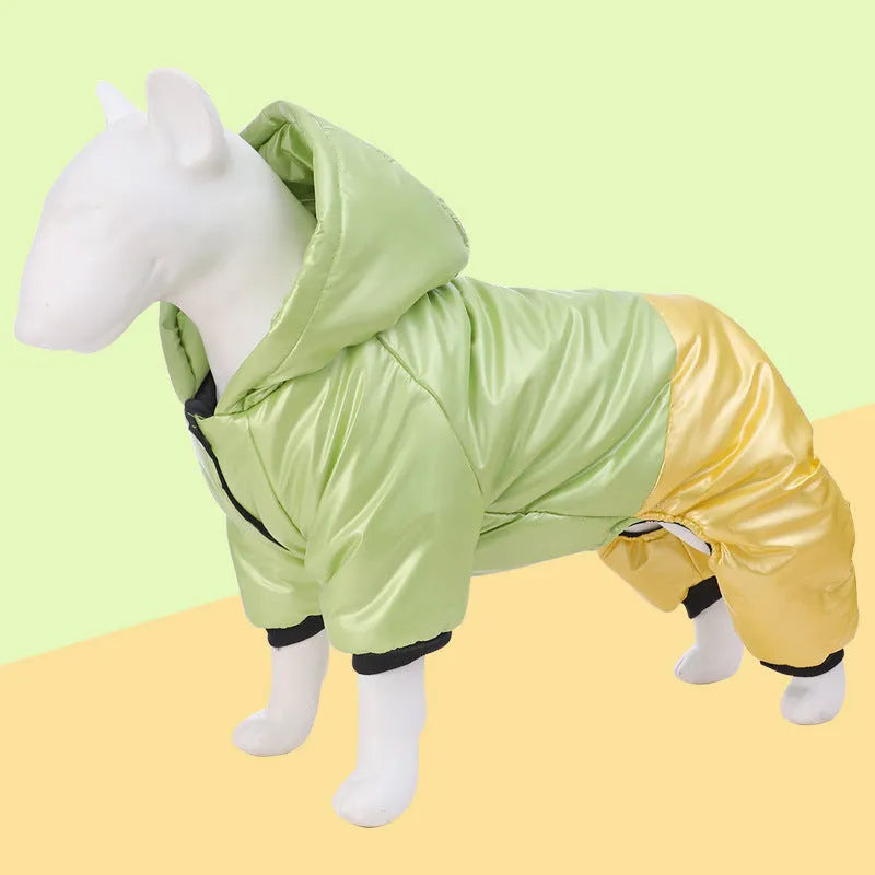 Green waterproof dog winter coat with four-legged design on medium-sized dog
