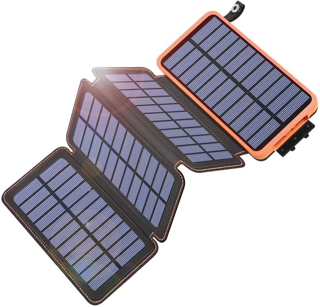 Rainproof solar power bank with monocrystalline panel and LED light in black colour