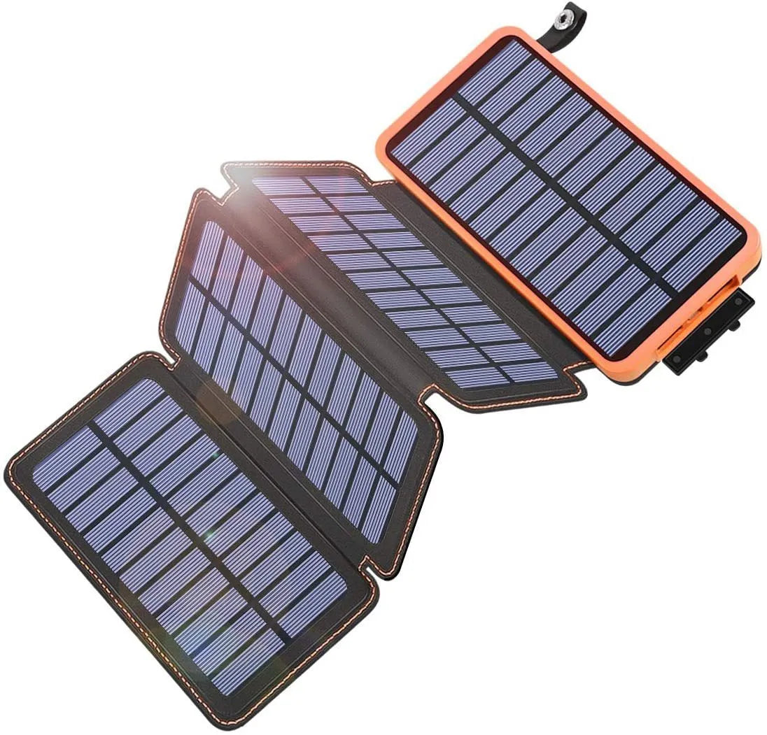 Rainproof solar power bank with monocrystalline panel and LED light in black colour