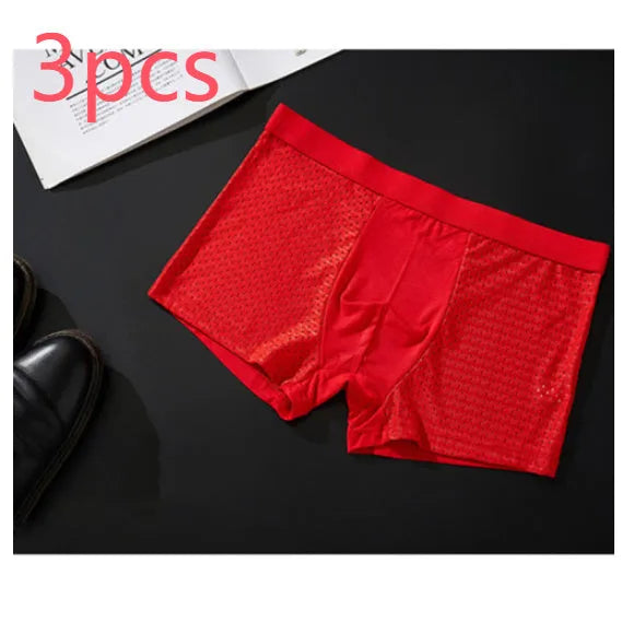 Men's solid colour ice silk modal boxer briefs showing U convex design on a mid waist.