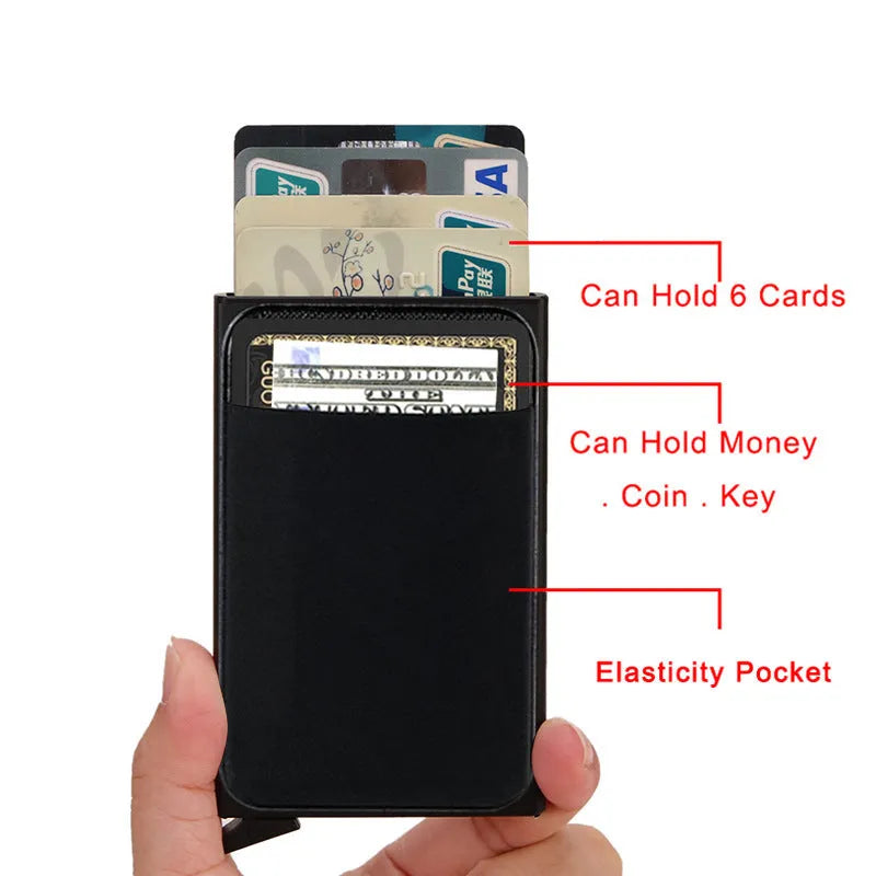 Frosted metal credit card holder in aluminium alloy showing slim profile and colour options