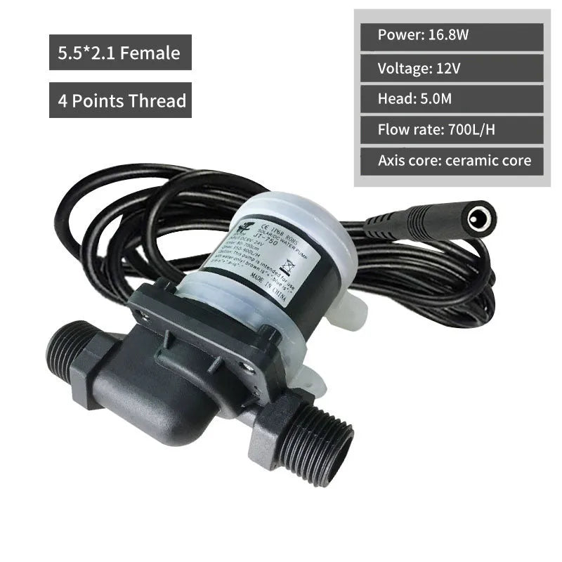 JT-750 DC horizontal water pump with threaded ports for solar and underfloor heating systems.