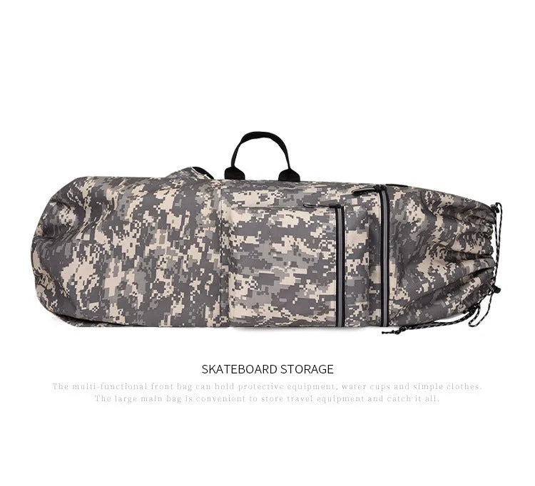 Waterproof nylon skateboard backpack in camouflage colours showing equipment compartments