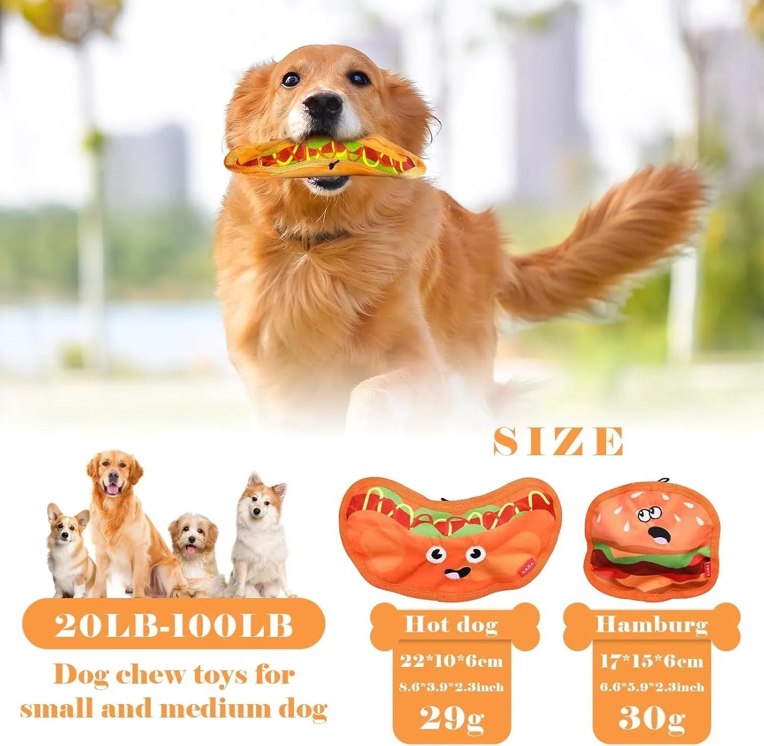 Crinkle and squeaky dog toy in hamburger, fries, hot dog, and pizza shapes.
