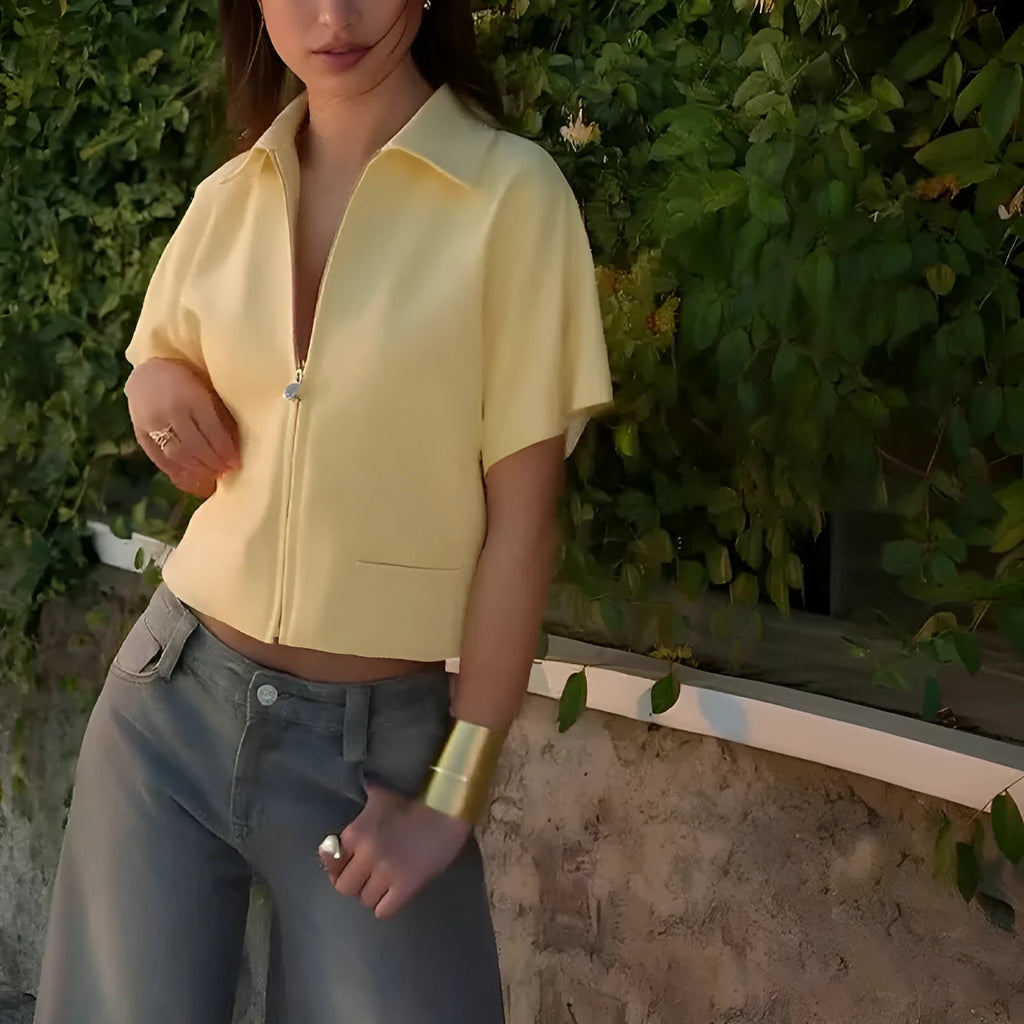 Women's loose-fit short-sleeved polyester casual top in yellow