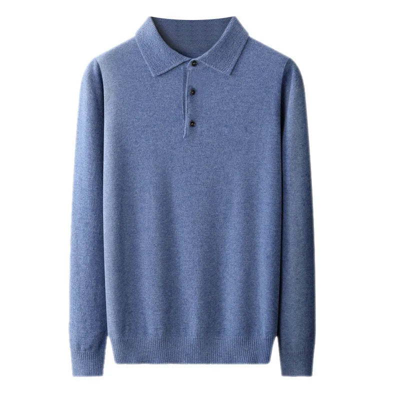 Men's grey wool pullover sweater with a polo collar and long sleeves, showing textured collage stitching.