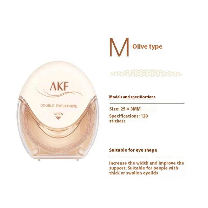 Roll of lace double eyelid stickers in packaging, showing options for Crescent M and Olive M shades.
