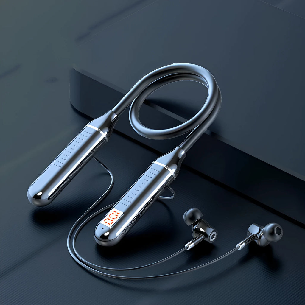 Neck-hanging wireless Bluetooth sports headphones showing power display card function and available in black, red, purple or green colours