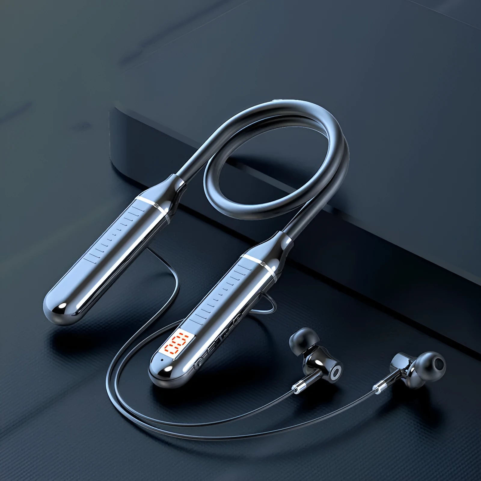 Neck-hanging wireless Bluetooth sports headphones showing power display card function and available in black, red, purple or green colours