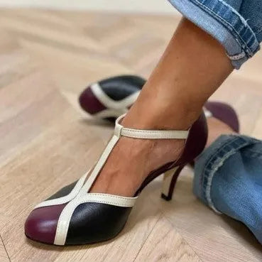 Women's round toe high heels with button fastening in blue, pink, red, and black colour options