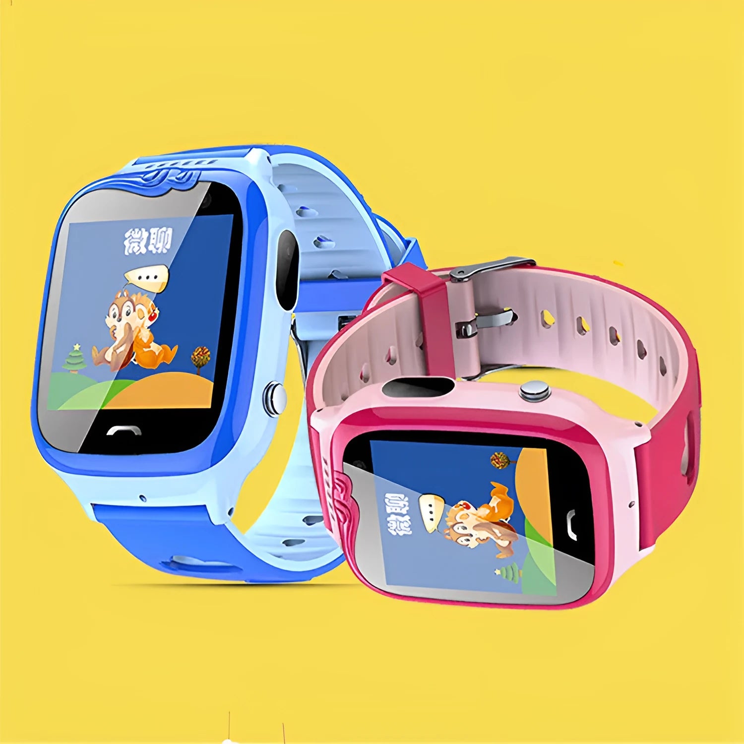 Blue children's smart watch with touch screen on silicone wristband showing phone and GPS functions