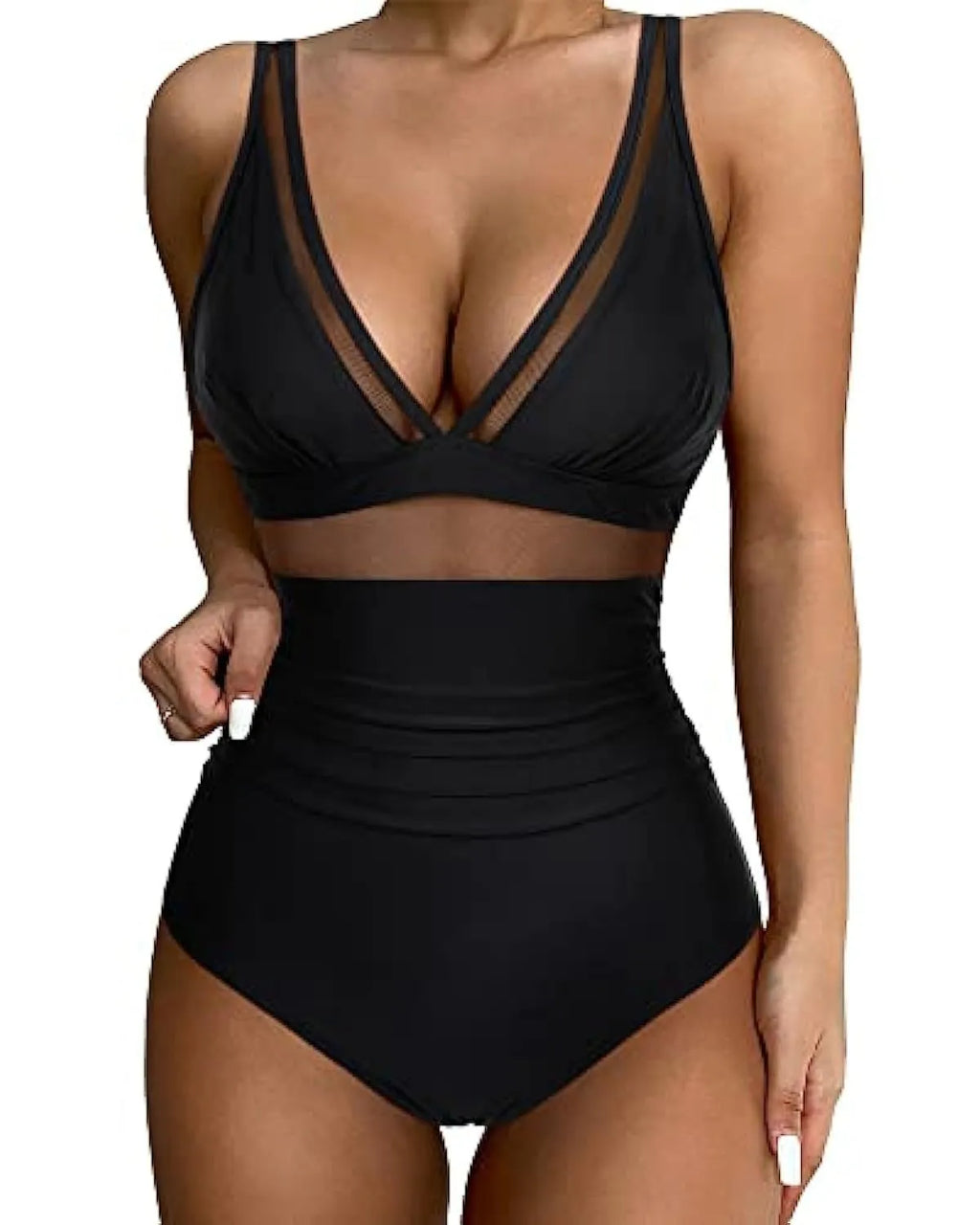 Women's high waist one-piece swimsuit in quick-drying polyester available in multiple colours and sizes