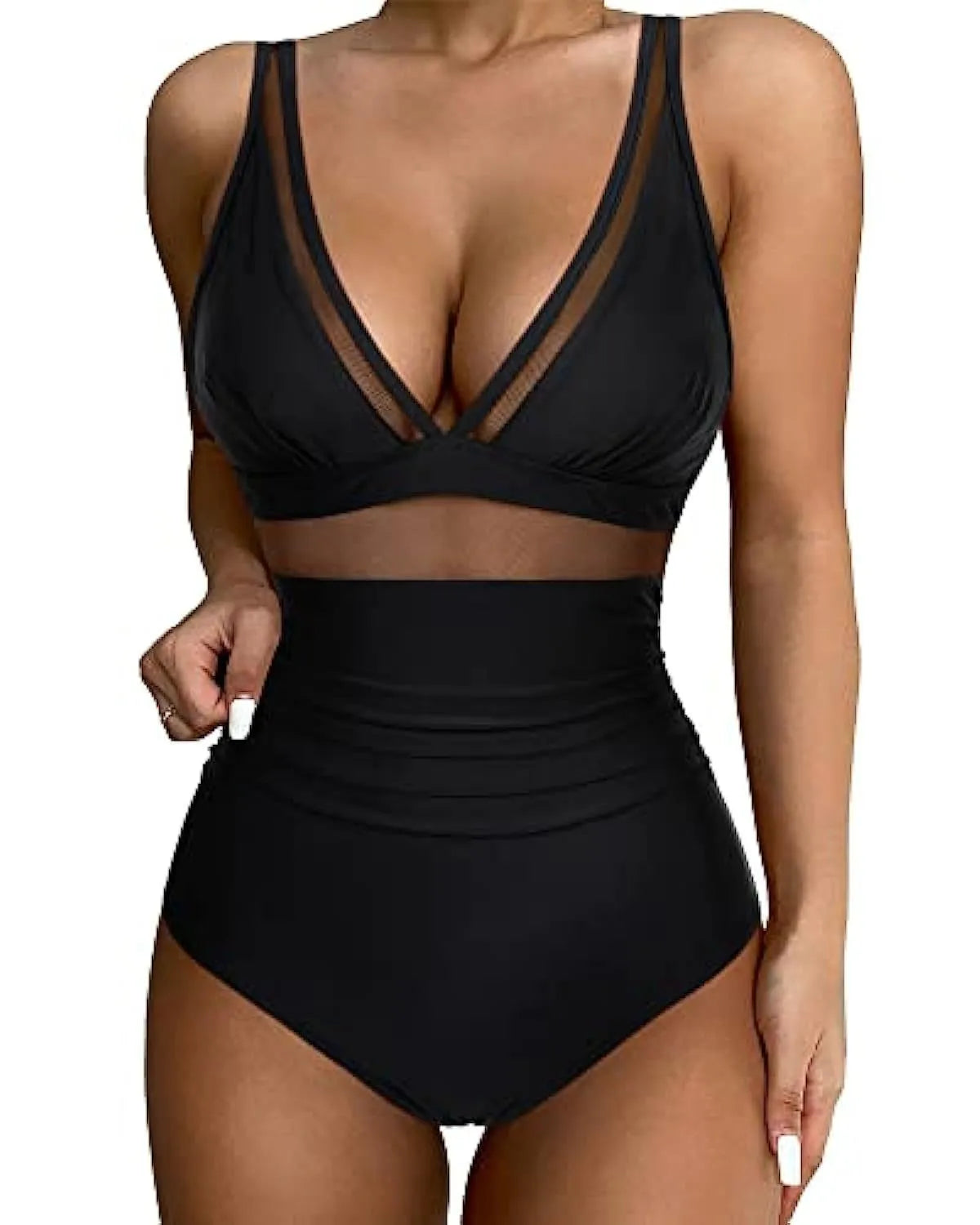 Women's high waist one-piece swimsuit in quick-drying polyester available in multiple colours and sizes