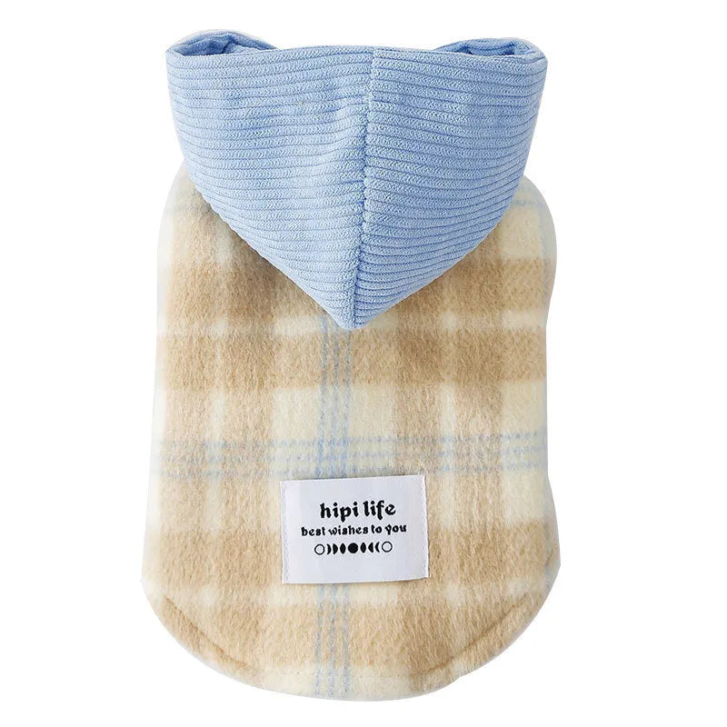 Blue corduroy dog hooded vest with chessboard grid pattern and traction-lined hood for autumn winter wear