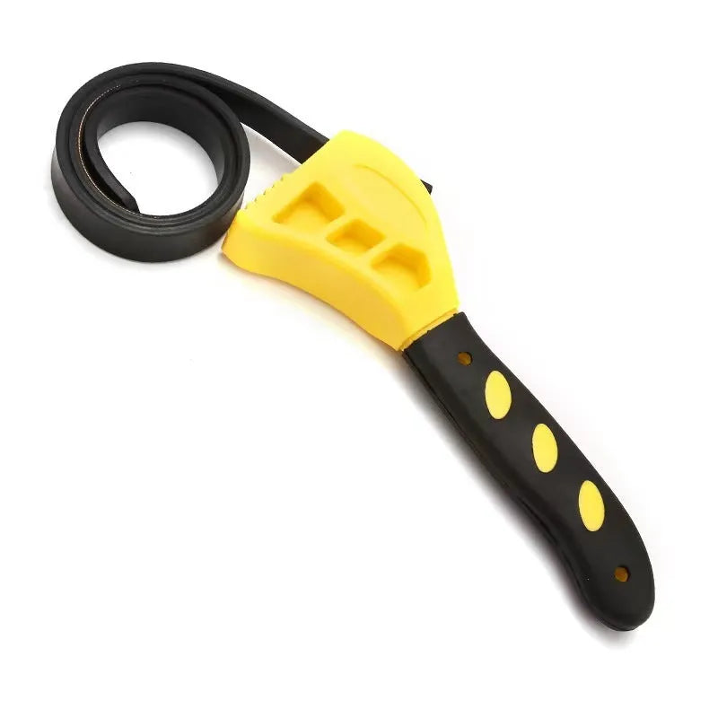 A 6-inch and an 8-inch adjustable rubber strap wrench set with plastic handles and a phosphated metal finish.