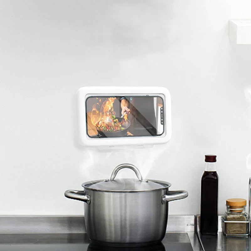 White waterproof phone holder mounted on bathroom tile with phone visible inside