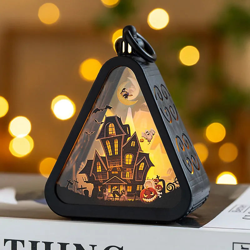 Halloween pumpkin lamp decoration in plastic and glass measuring 8.9 by 5.2 by 11.5 cm