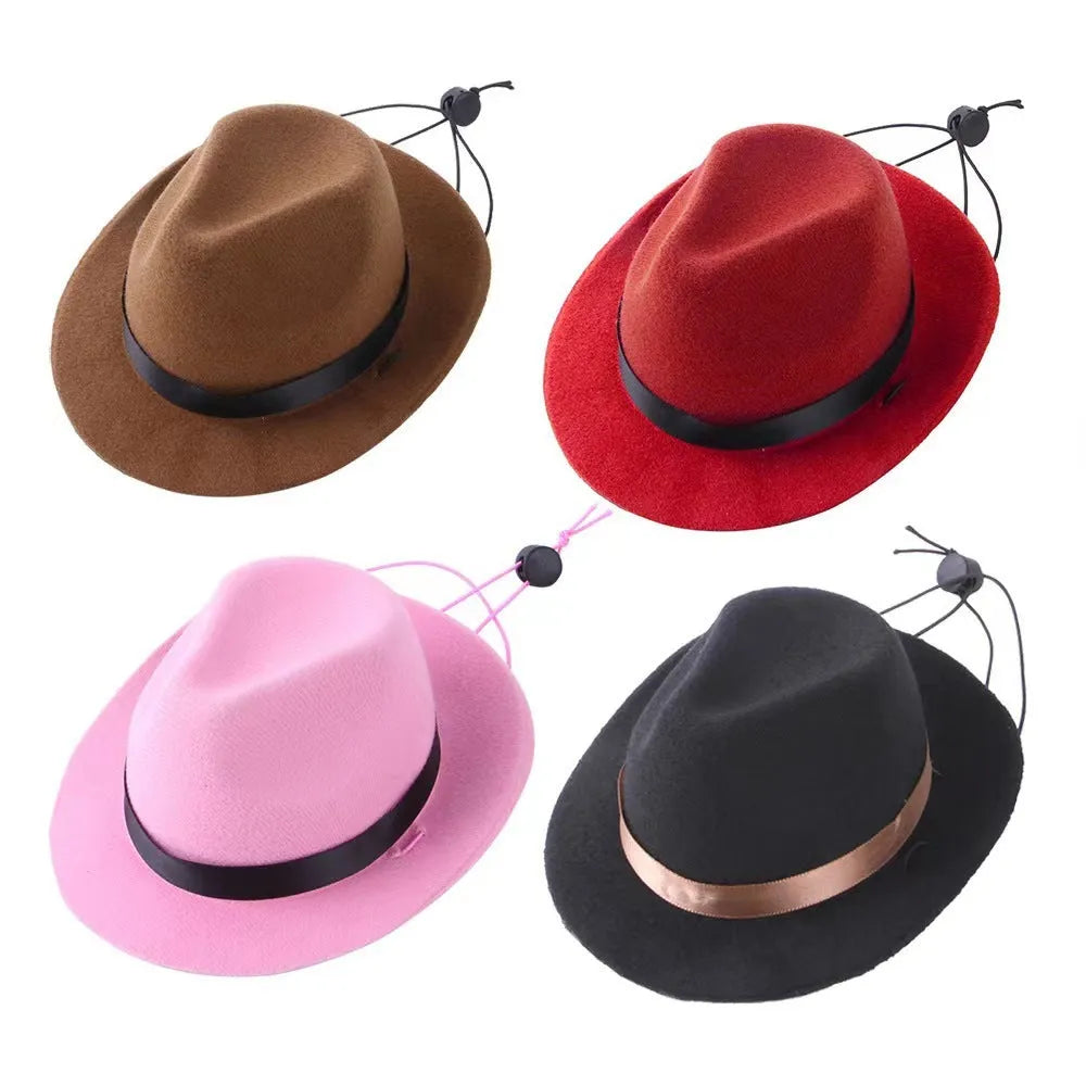 Small pink wool felt pet sun hat with hairpin accessory on white background