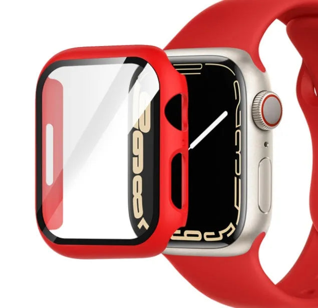 PC tempered film replacement case for Apple Watch in various colours and sizes on display.