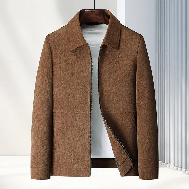 Men's slim fit lapel casual jacket in Vinylon fabric, shown in black, brown, caramel, or dark blue.