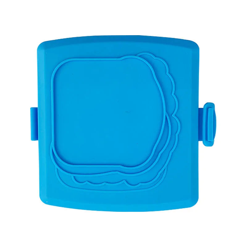 Red silicone baking tray with a large integrated handle and a pair of detachable blue baking gloves.