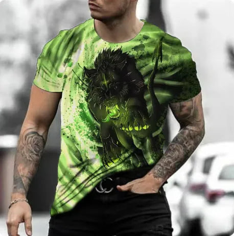 Retro 3D animal graphic printed on a men's grey short-sleeved T-shirt.