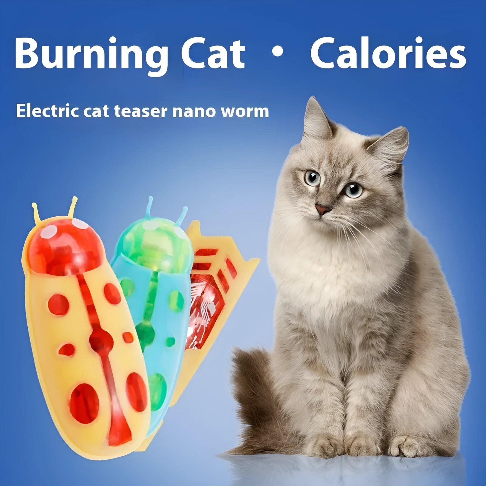 Electric jumping insect cat teaser toy showing iron cow and ladybug designs in red, green, and purple colour combinations