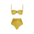 Yellow and green high-waisted women's split swimsuit bikini on a mannequin.