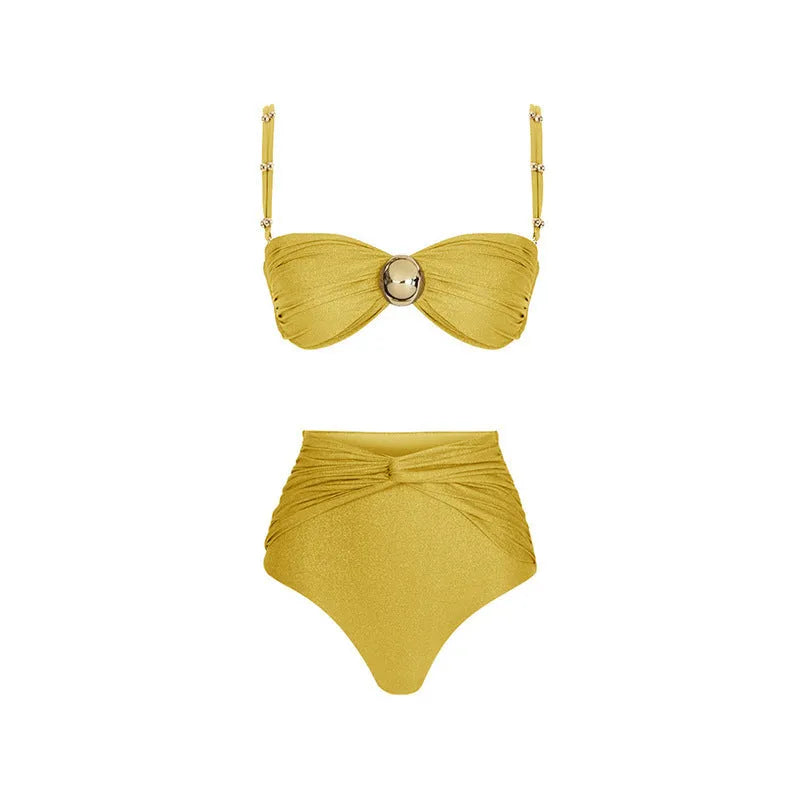 Yellow and green high-waisted women's split swimsuit bikini on a mannequin.
