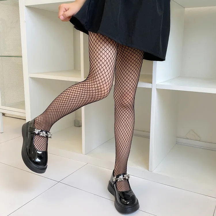 Women's black and white mesh pattern tights showing large, medium, and small net designs for summer.