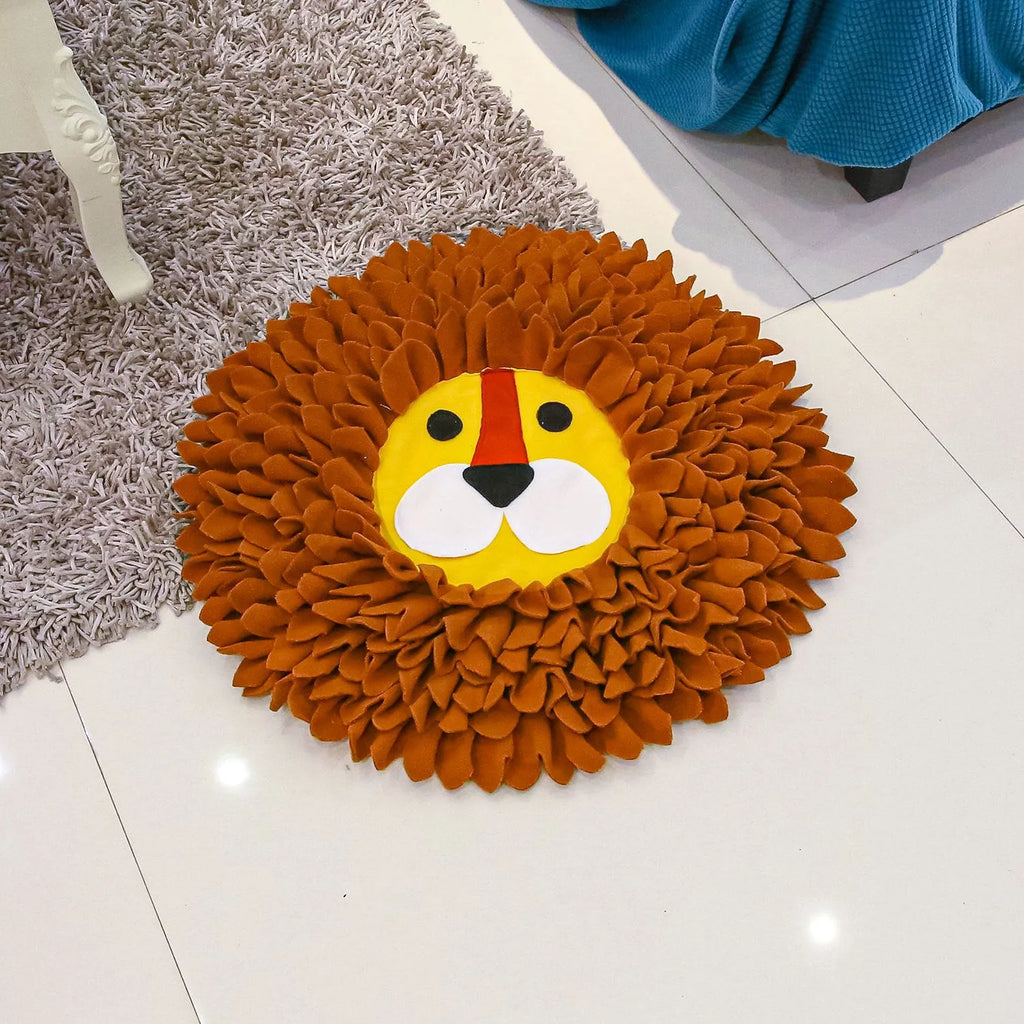 Brown lion-shaped pet sniffing pad with textured surface for treat hiding, 33 cm long