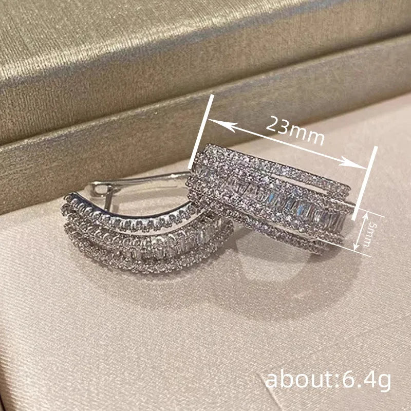 Geometric copper stud earrings with zircon inlaid design in white gold colour finish