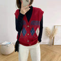 Diamond plaid sleeveless cardigan top in loose fit showing colour options