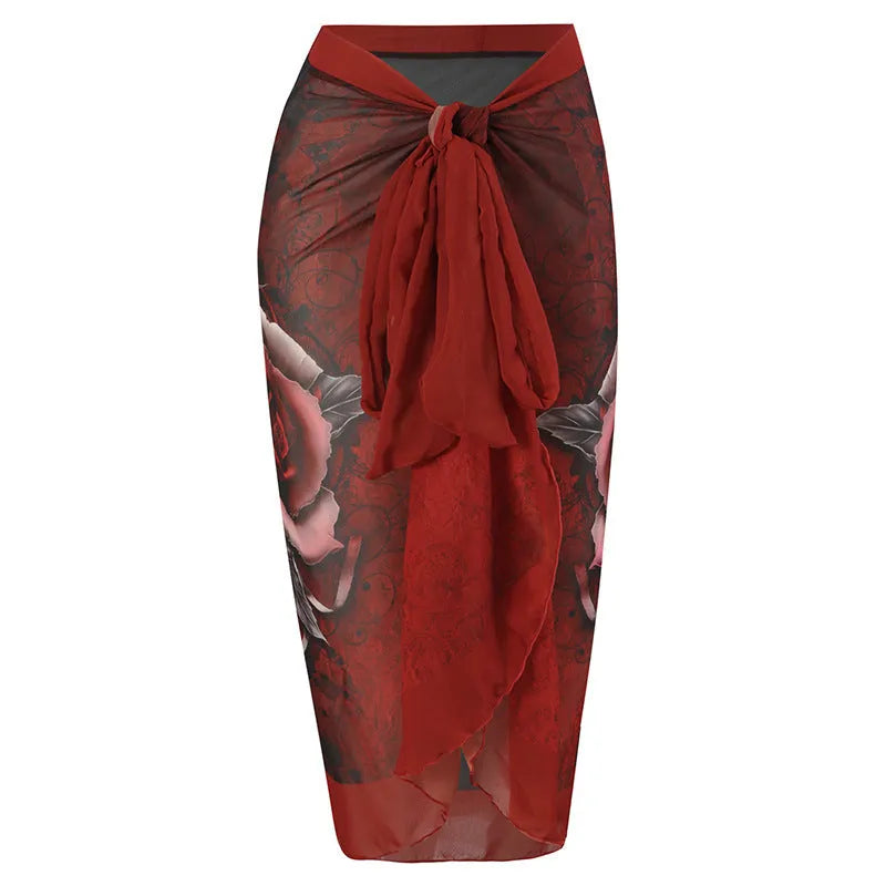 Women's one-piece swimsuit with matching printed gauze skirt set for swimming holidays