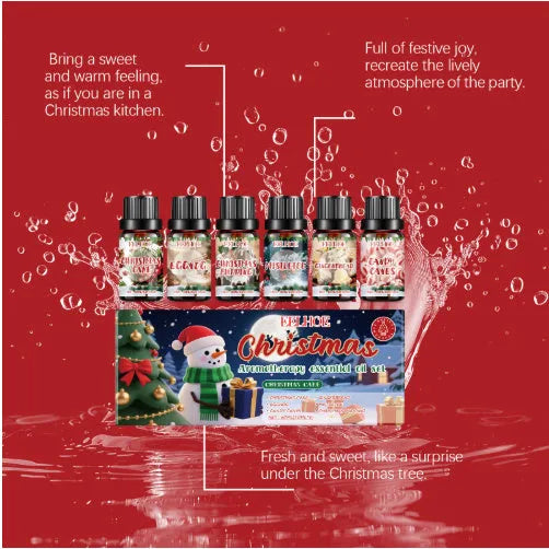Christmas aromatherapy oil suite showing six 10ml bottles for home fragrance and air freshening