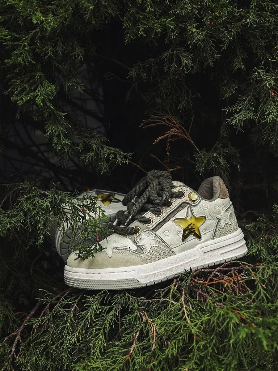 Cowhide leather low-top platform running shoes in beige with round toe and lace-up front.