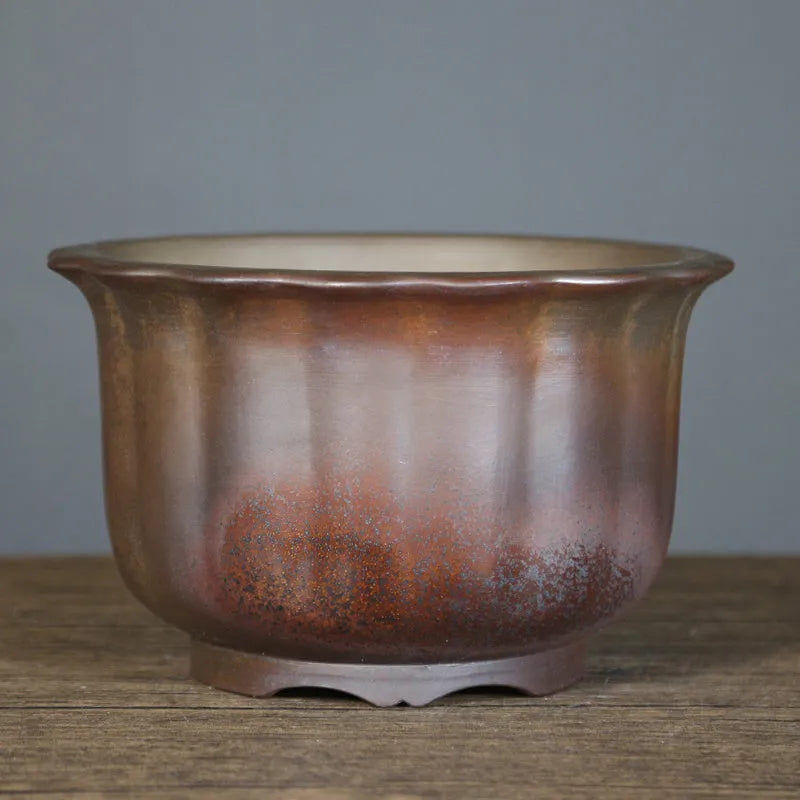 Purple sand ceramic bonsai flowerpot with wood fired antique carved design