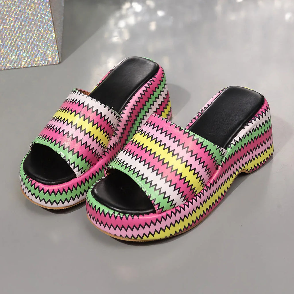 Women's beige wedge sandals with colourful wave print, thick rubber sole, and fish mouth open toe