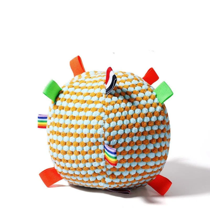 Blue and yellow two-tone pineapple lattice texture dog ball ring toy on white background