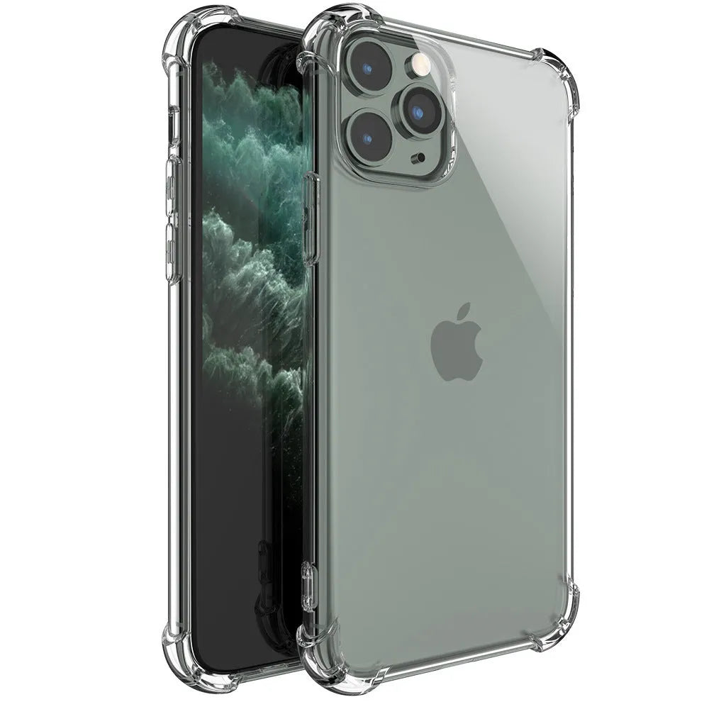 Transparent shockproof TPU phone case for iPhone, shown from the back and side.