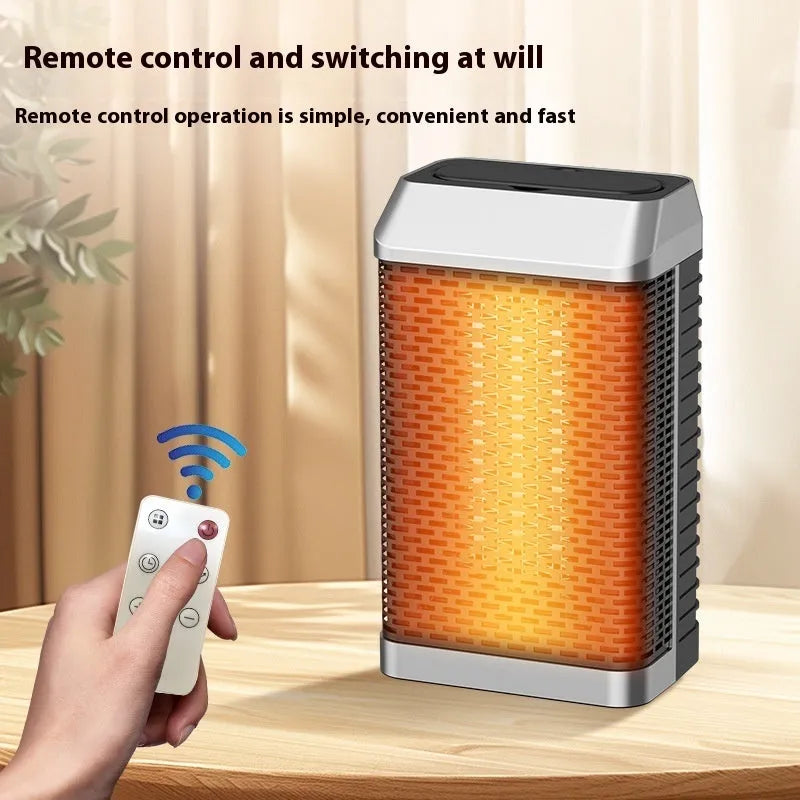 Black remote control desktop electric heater with compact design, showing control knob and air vents.