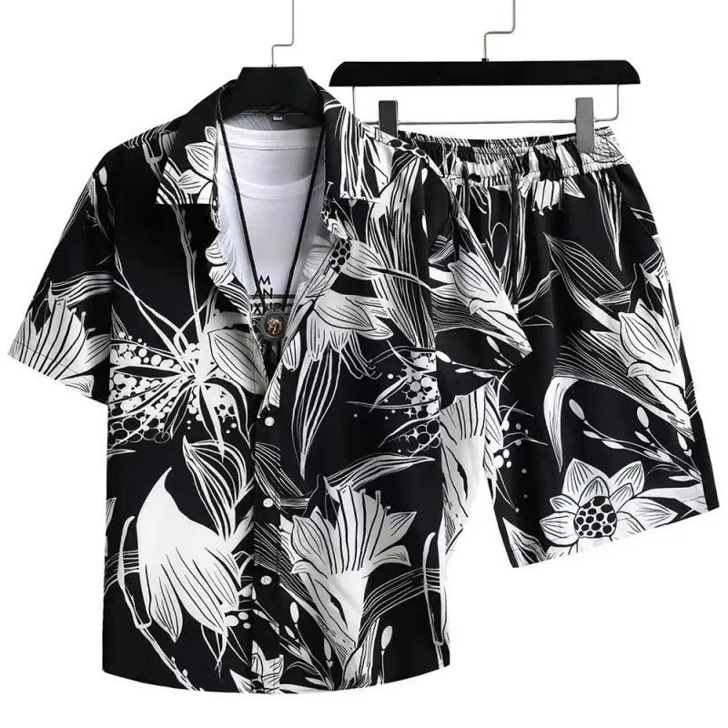 Men's short sleeve digital print suit set with matching shorts in polyester fabric