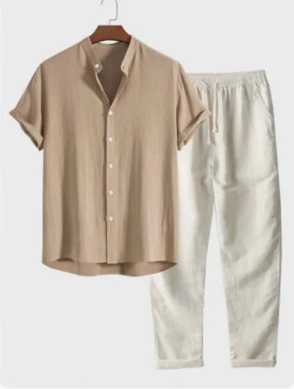 Men's casual linen-look shirt and trouser set in multiple colours with short sleeves and loose fit