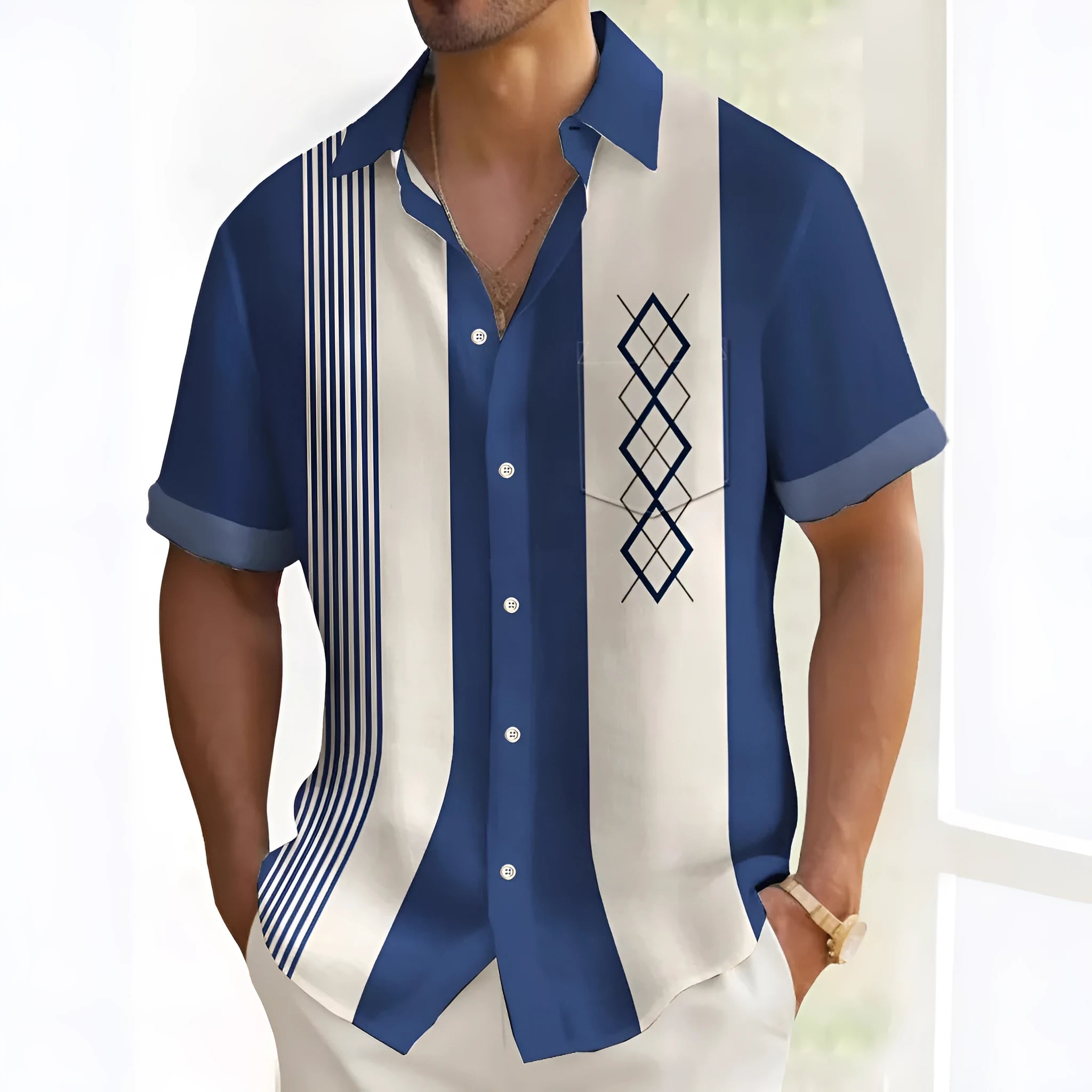 Men's multicolour printed loose fit leisure shirt in polyester fabric with cardigan style front