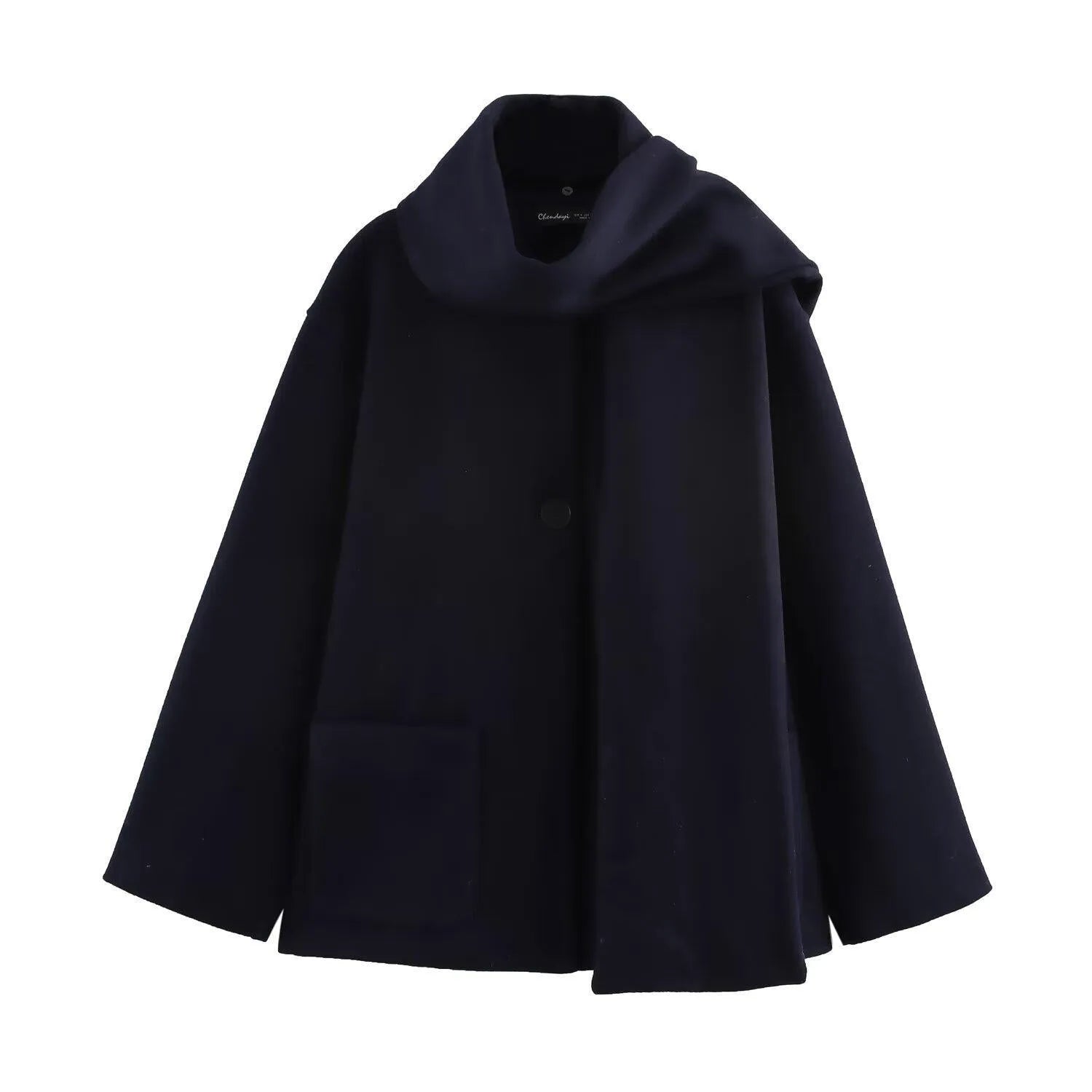 Women's long grey polyester coat with a thick artificial fur collar and pockets.